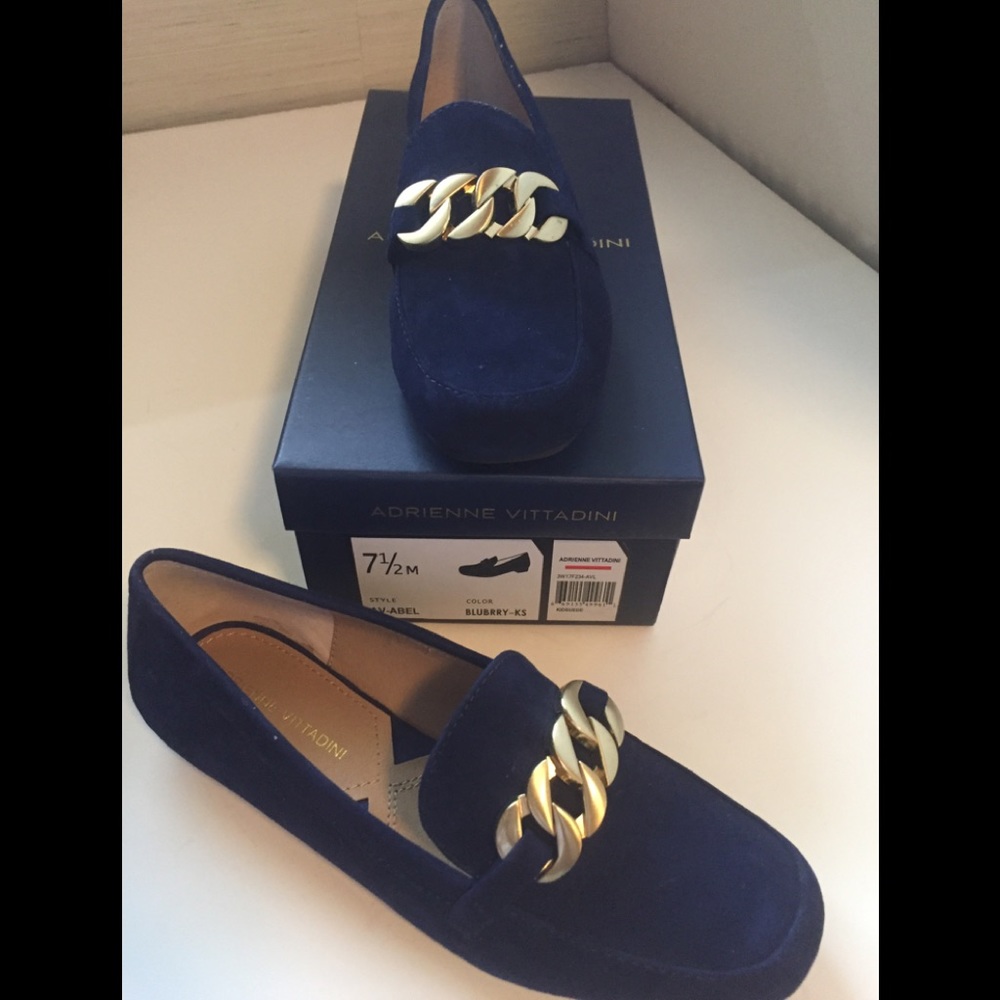 Adrienne Vittadini Navy Blue Suede Chain Loafers